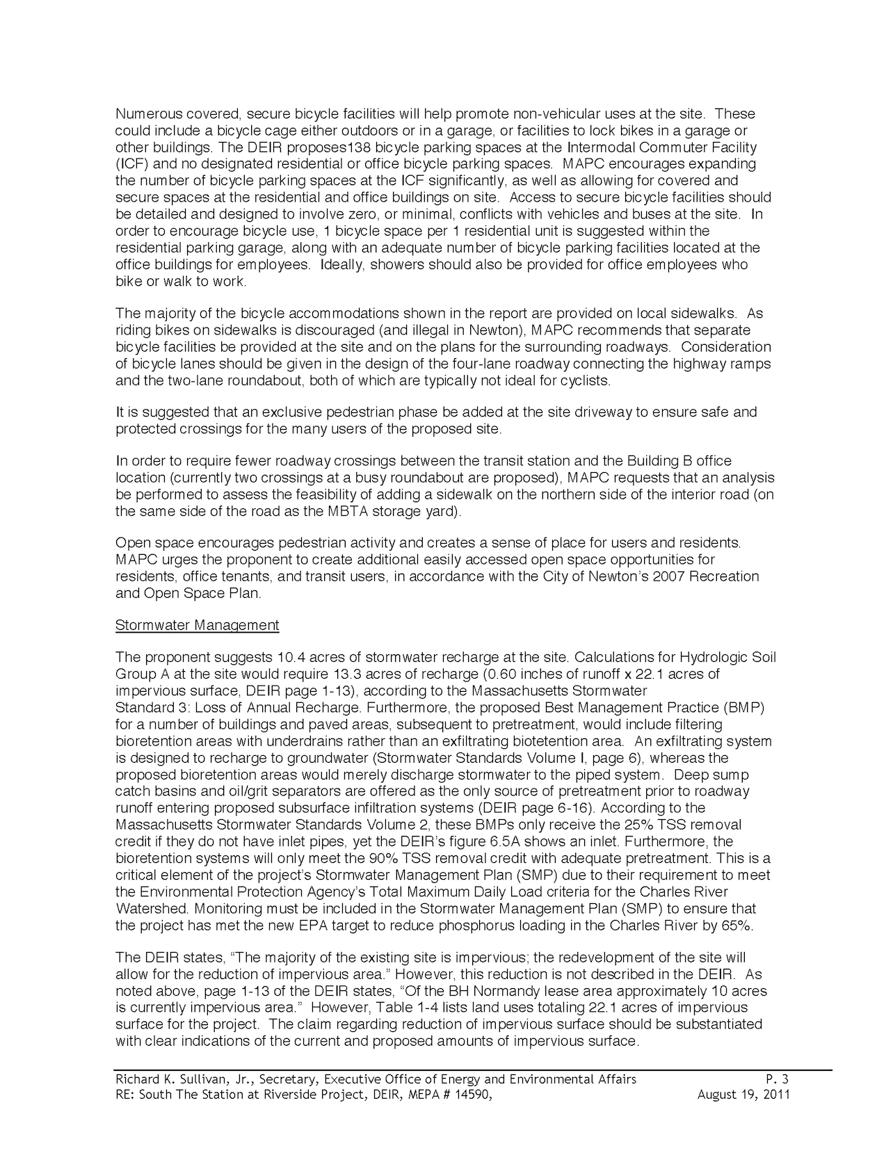 This section provides a letter from MAPC to the City of Newton containing comments on the Station at Riverside DEIR.